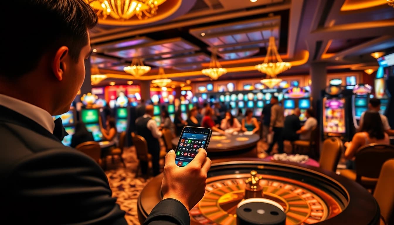 Engaging casino scene showcasing Magrehistro with players at tables and online gaming interfaces.