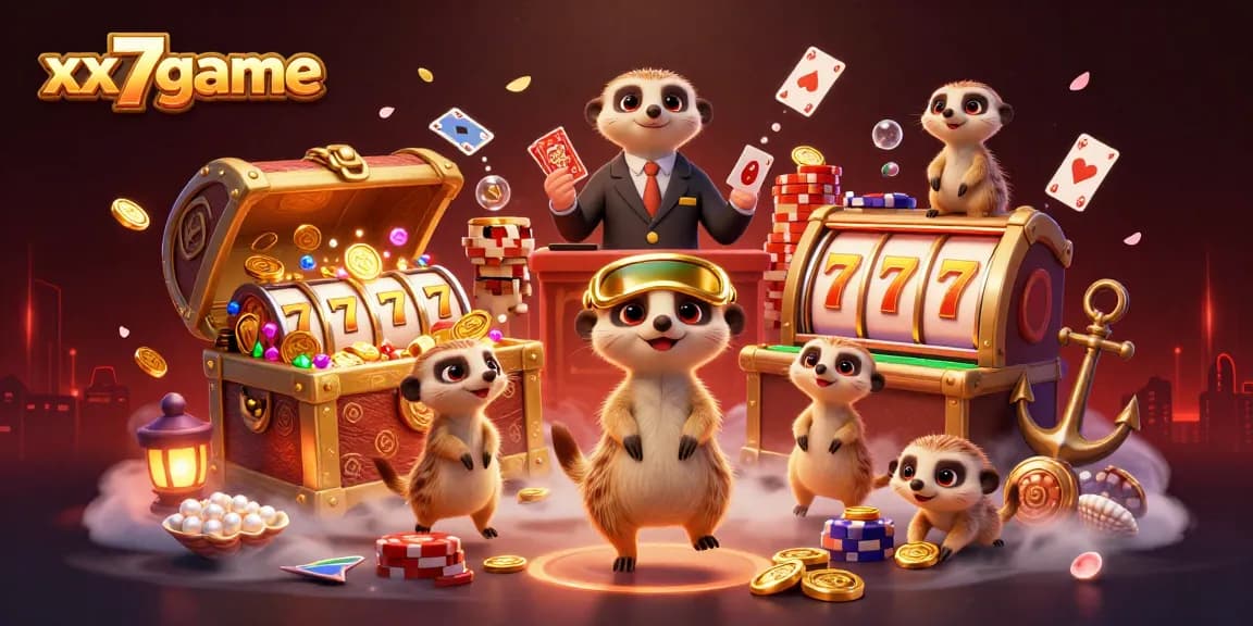 Experience thrilling gameplay with xx7game as meerkats manage a vibrant casino scene filled with gold!