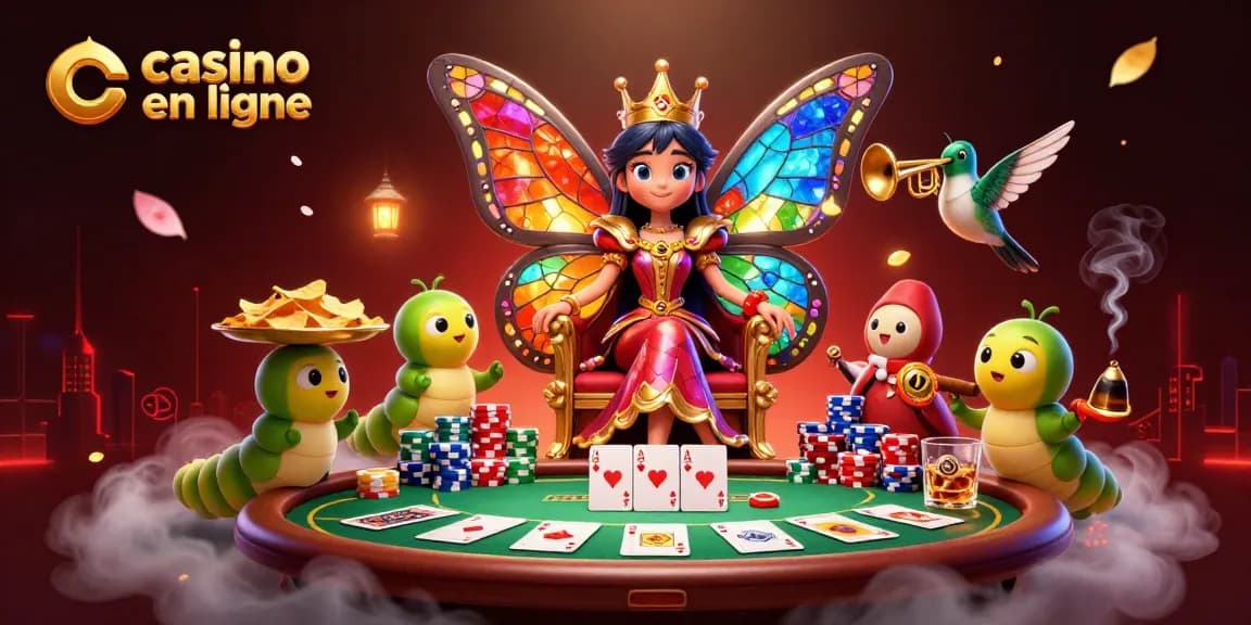 Jouez sur le casino en ligne avec la reine des papillons et des jetons dorés.