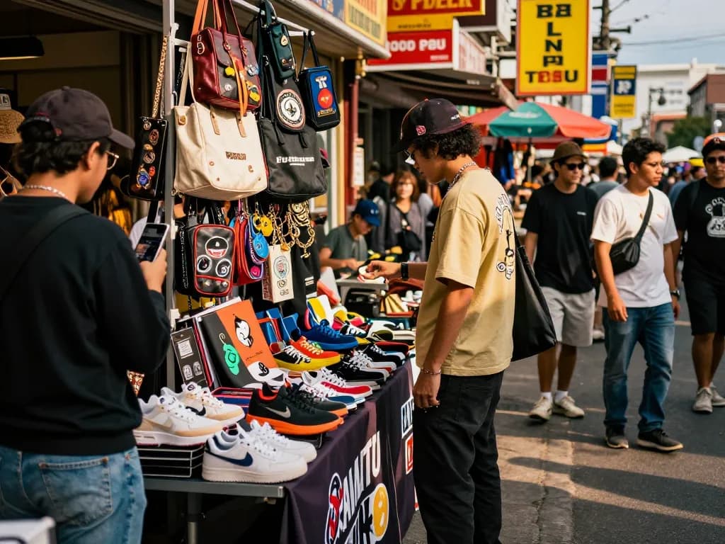 Shopping for high-quality 레플리카 쇼핑몰 products in a vibrant urban market.