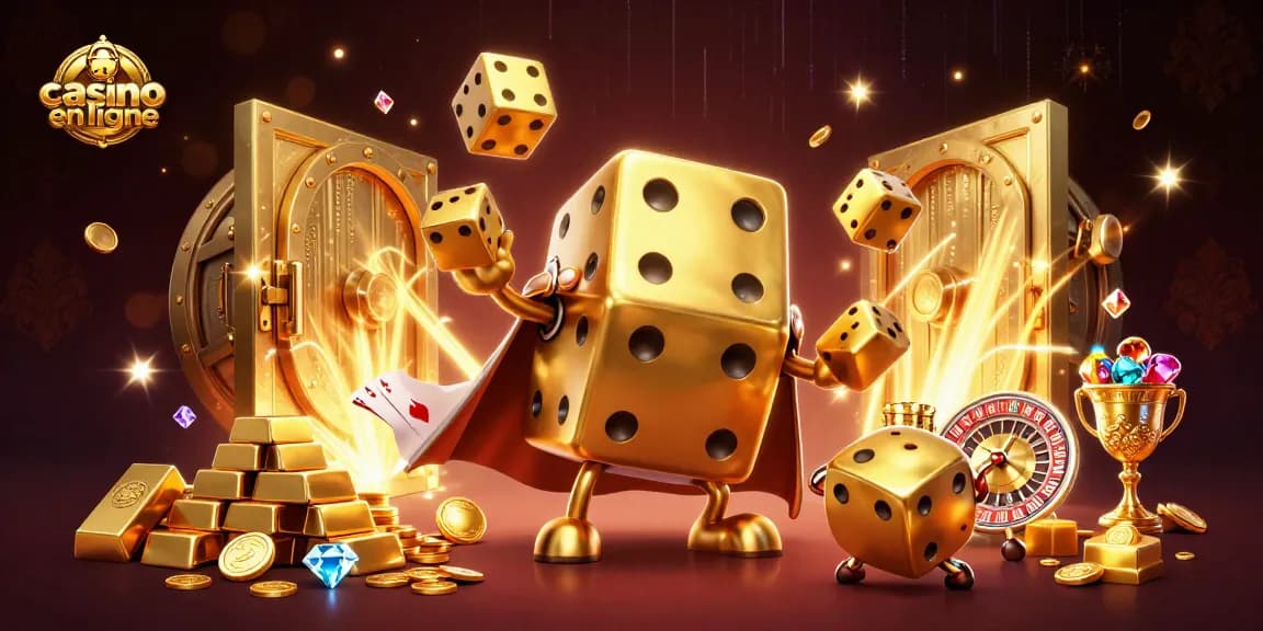 Se lancer dans le casino en ligne avec une illustration dynamique de dés dorés, trésors et effets lumineux fascinants.