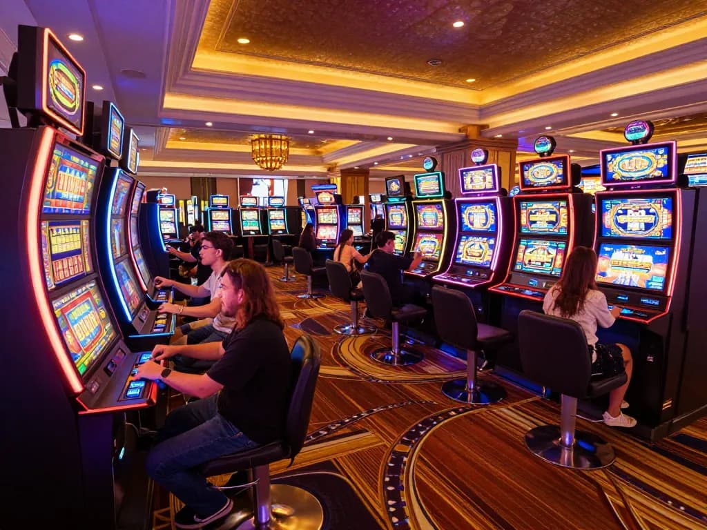 Players enjoying thrilling slot machines amidst a vibrant casino atmosphere.