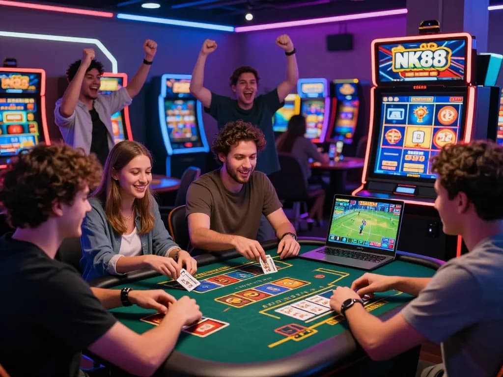 Action-packed gaming scene showcasing players enjoying nk88 win on various devices across vibrant casino games.