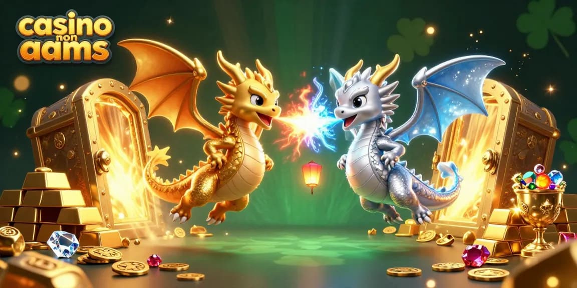 Giocare nei casino non AAMS: due draghi 3D in volo con tesori scintillanti attorno.