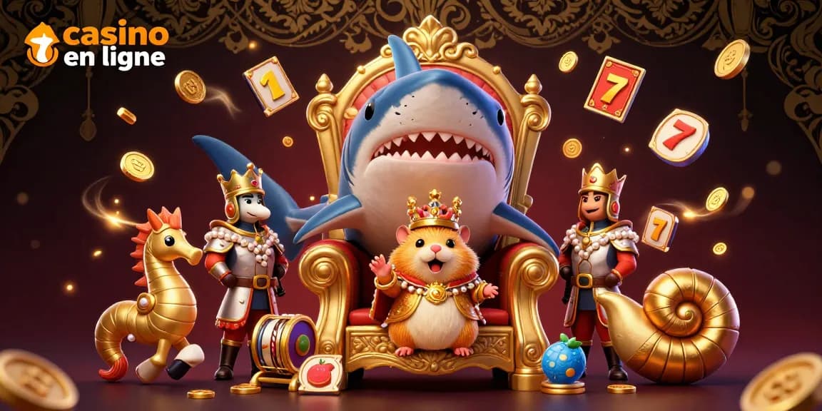 Venez jouer sur casino en ligne avec le roi hamster dans un trône de dents de mégalodon, entouré de trésors.