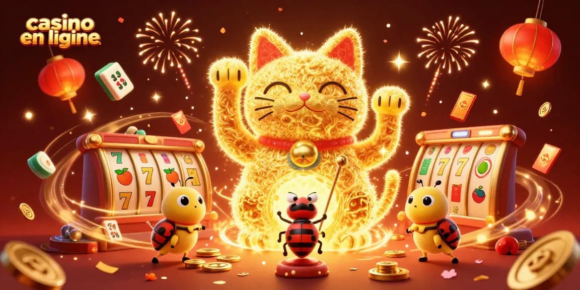 Plongez dans l'univers du casino en ligne avec un chat porte-bonheur et des symboles de jeu vibrant.