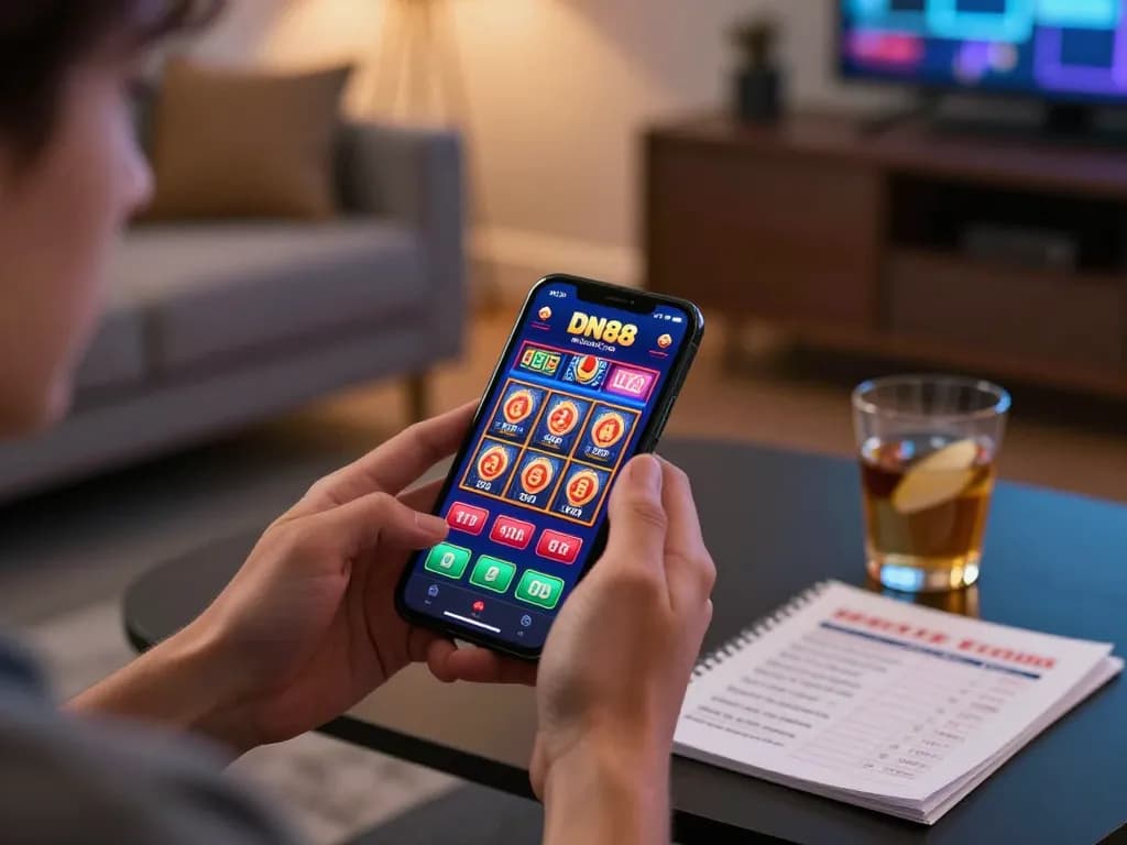 Engaging moment of a player using the DN88 app for casino games on their smartphone in a cozy home setting.