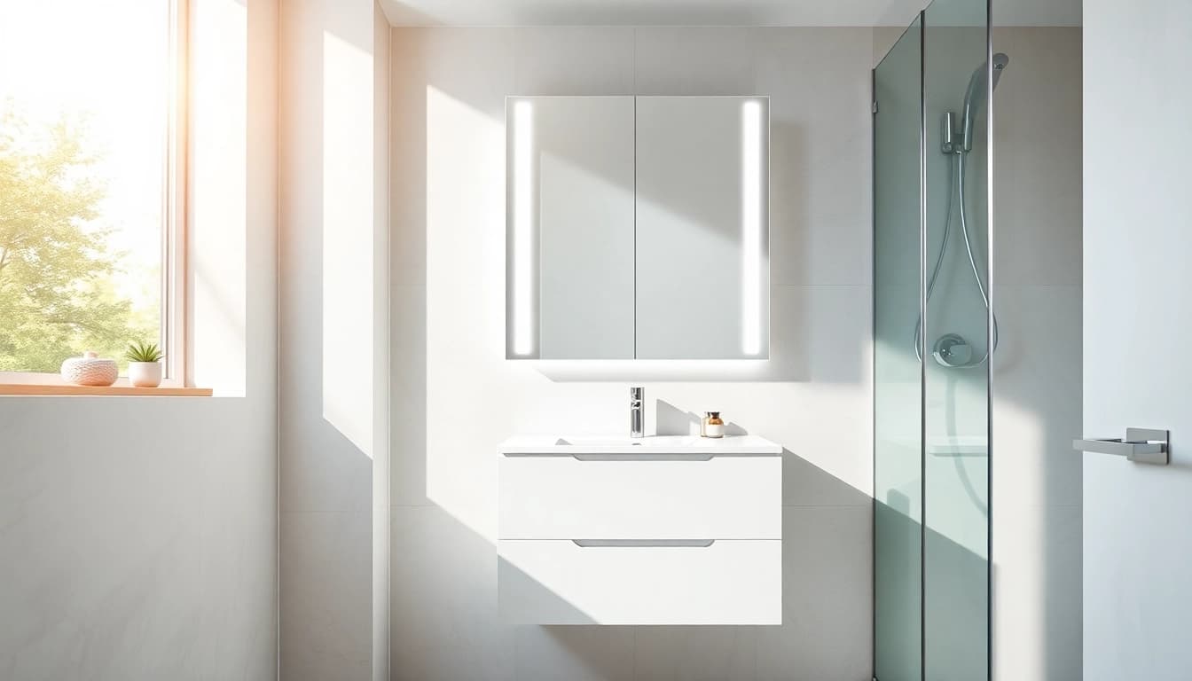 Spiegelschrank led mit stilvollem Design und sanfter Beleuchtung im modernen Bad.