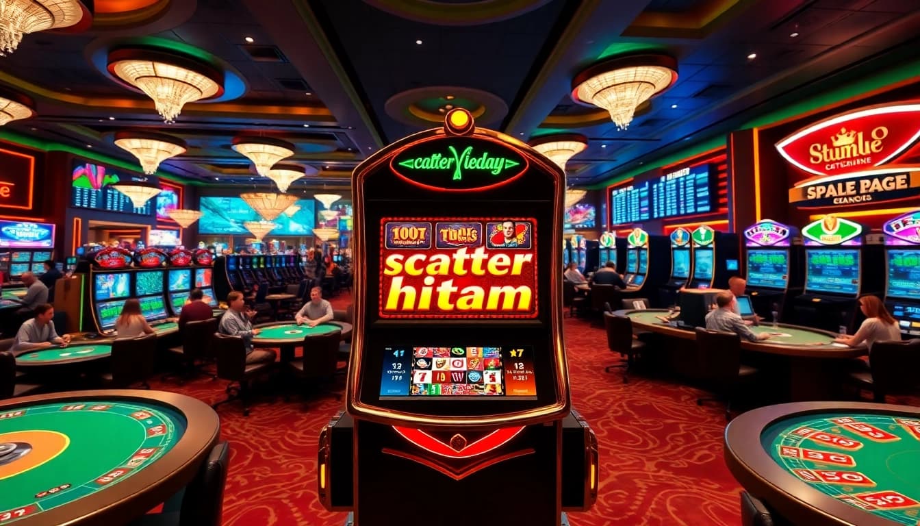 Slot demo scatter hitam featured on a luxury casino slot machine with lively players.