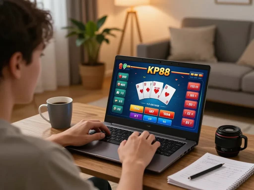 Player interacting with KP88's online casino game on a laptop, showcasing vibrant poker interface in a cozy home setting.