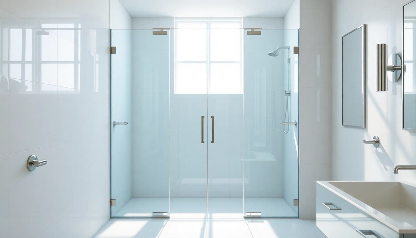 Showcasing glass shower doors with elegant design in a modern bathroom setting.