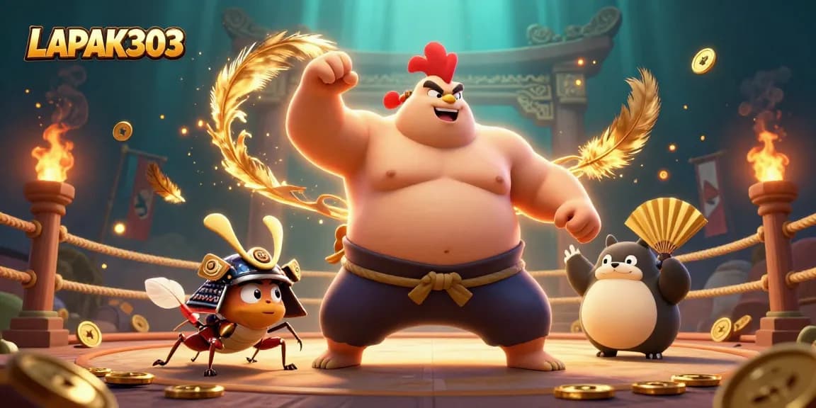 LAPAK303 showcases an energetic casino scene with a lively sumo rooster and spirited cricket.