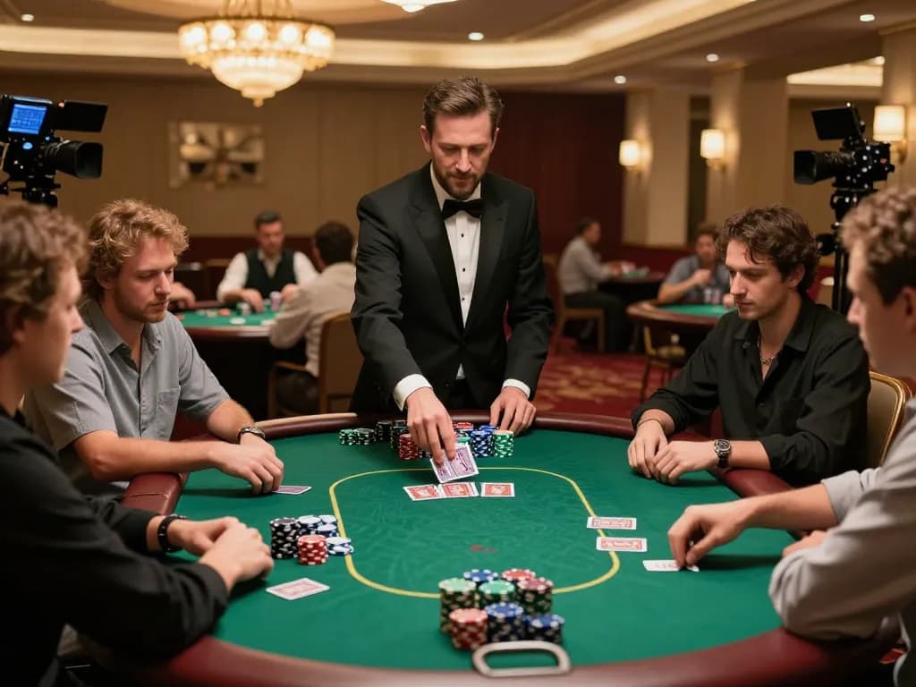 Engaged players at VT88 poker table strategizing their next moves in a luxurious casino setting.