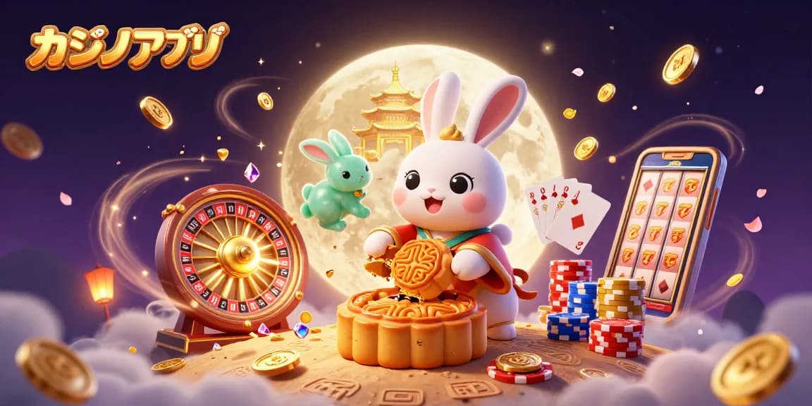 カジノアプリのために月面で金色の月餅を叩くウサギと宝石、コインが飛び散るイラスト