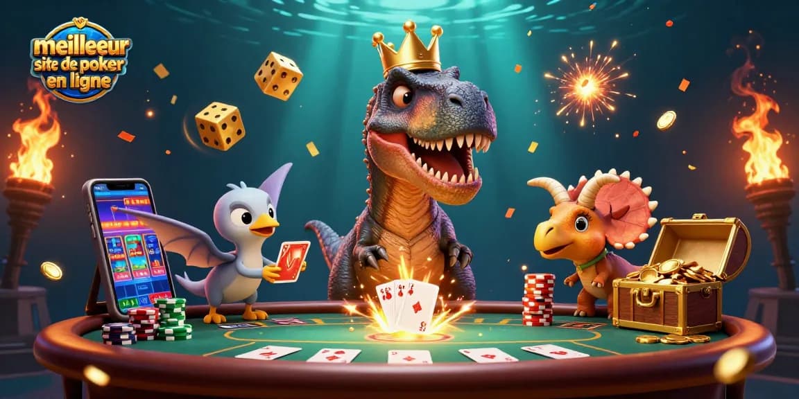 Profitez d'une illustration animée colorée représentant le meilleur site de poker en ligne avec un T-Rex et ses amis autour d'une table de poker dynamique.