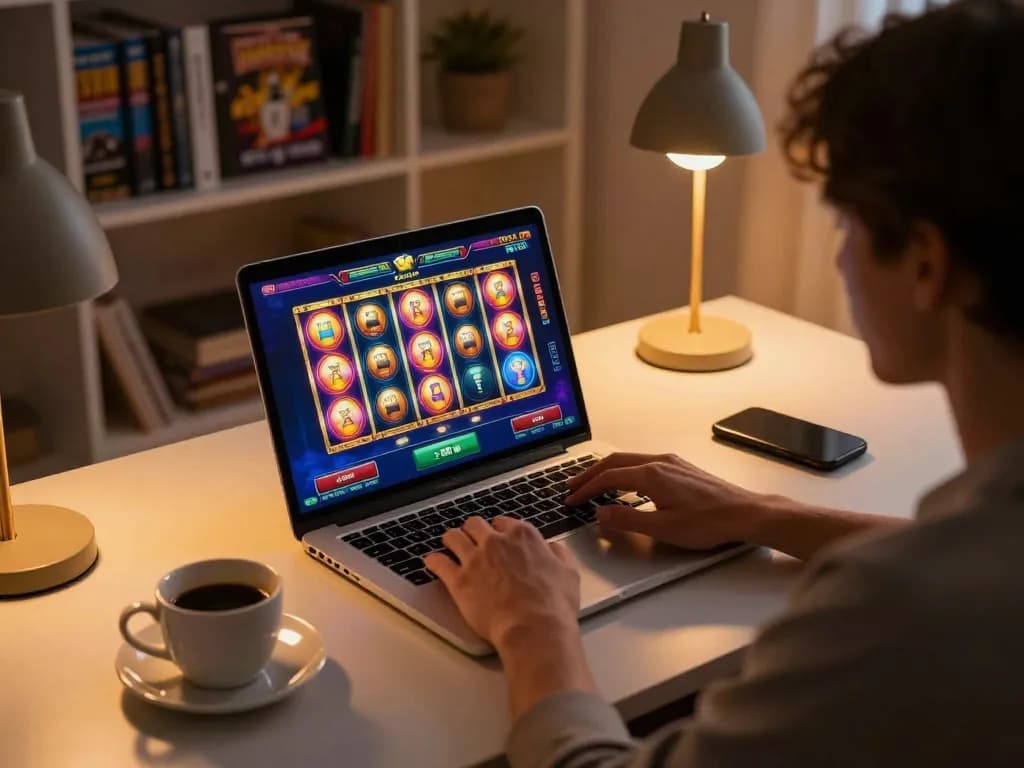 Engaging in online slot resmi gameplay at home with vibrant visuals and warm atmosphere.