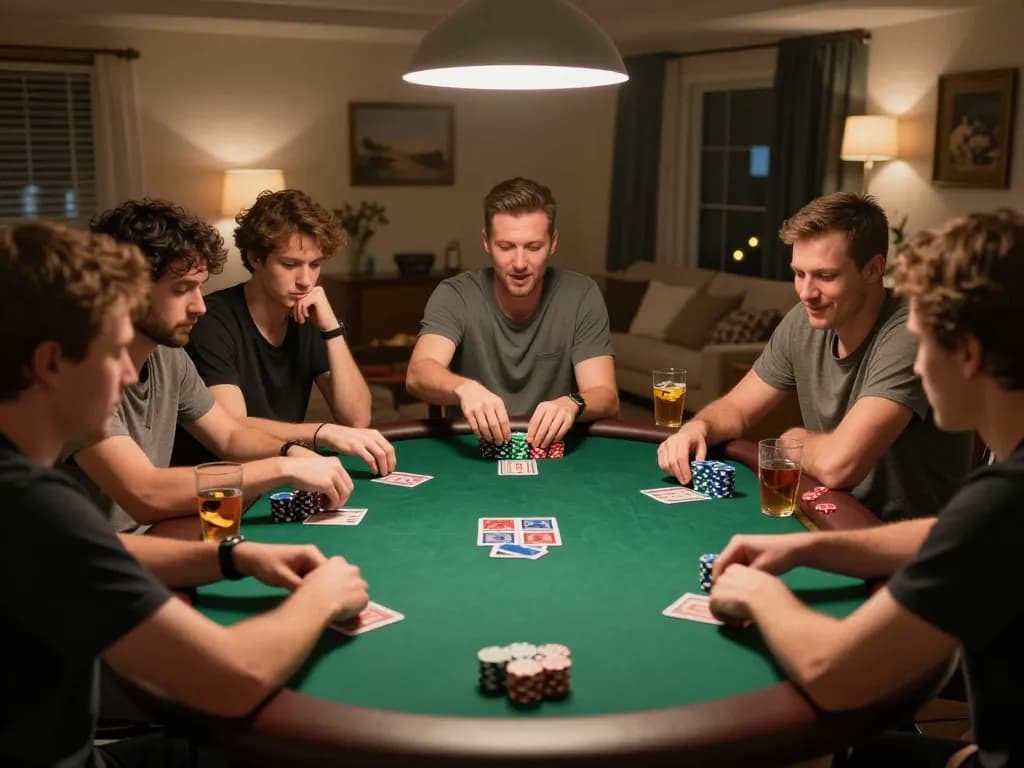 Players enjoy an engaging poker game night at home, showcasing the excitement and strategy of 789WIN.