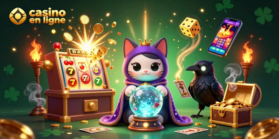 Découvrez un chat mystique et un corbeau en jouant dans un casino en ligne illuminé par des symboles colorés.