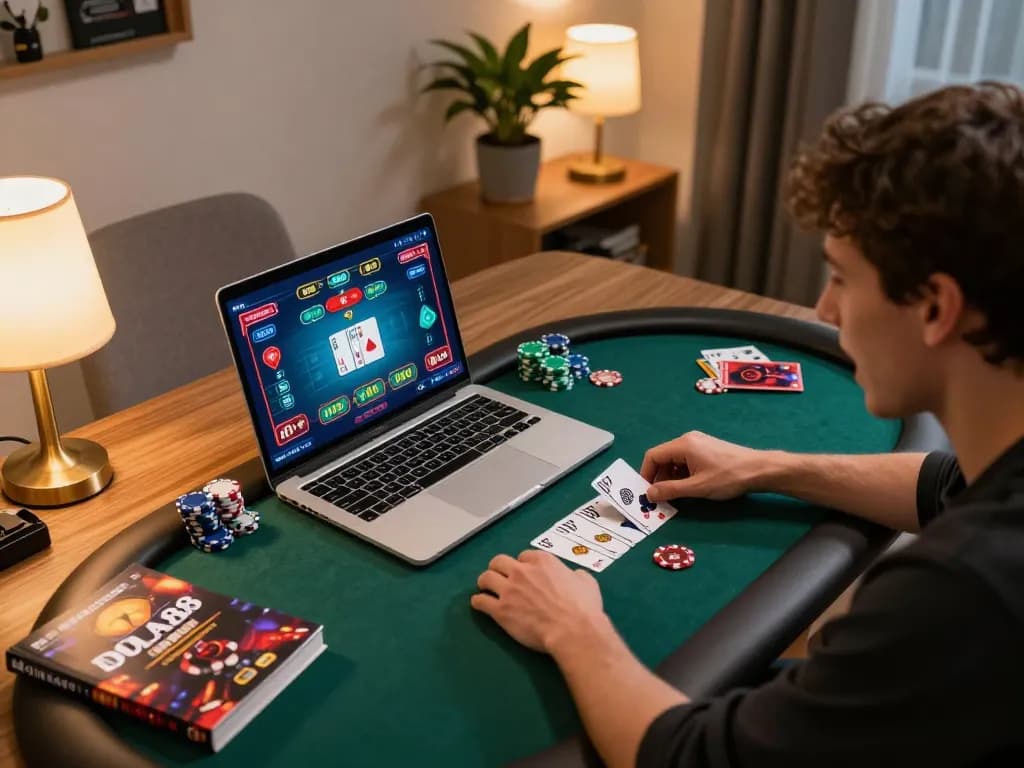 DOLA88 player enjoying poker gameplay on laptop, showcasing strategic online gambling in a cozy home setup