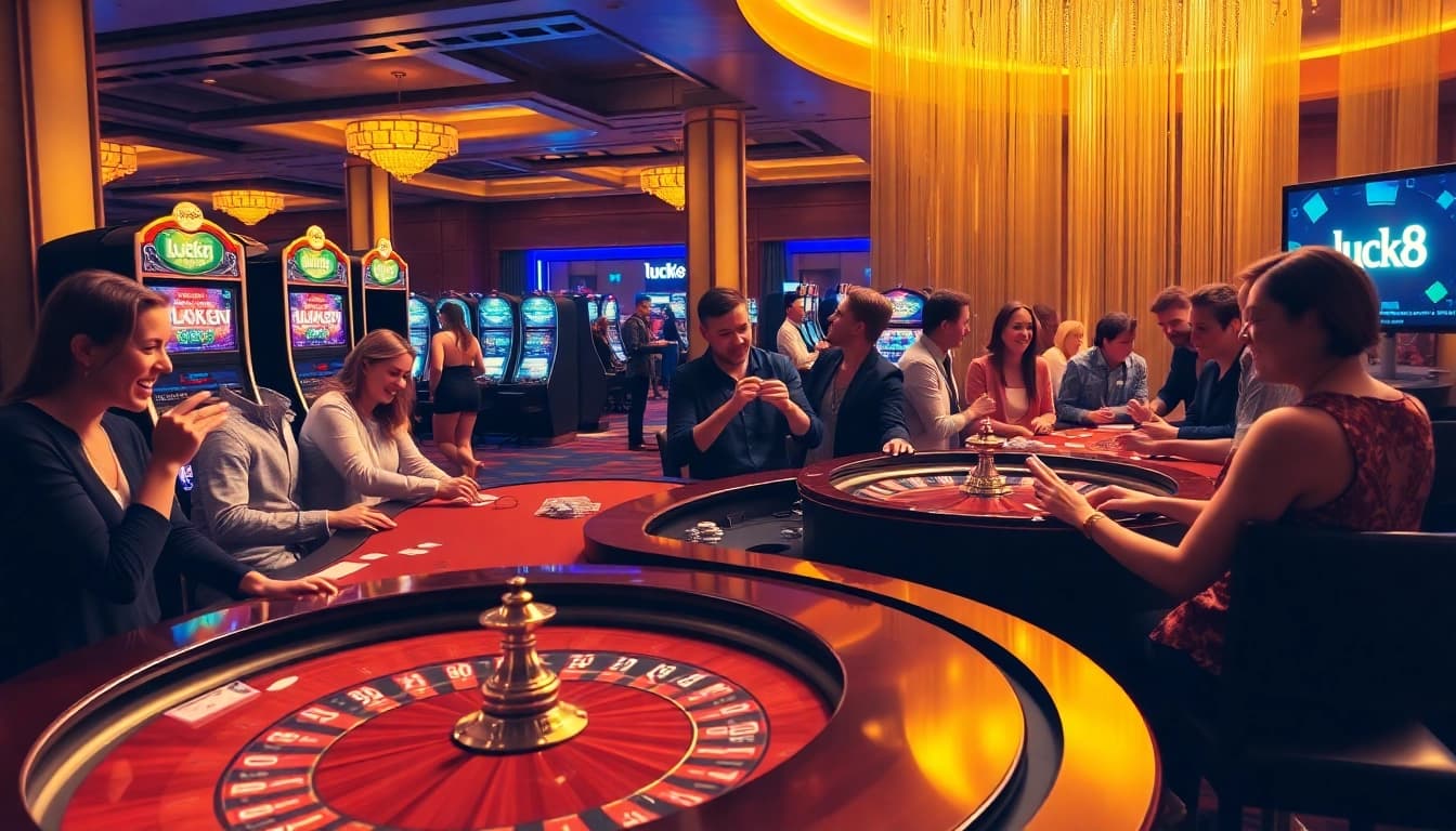 Excited players enjoying table games and slot machines in a luxurious casino scene at luck8.