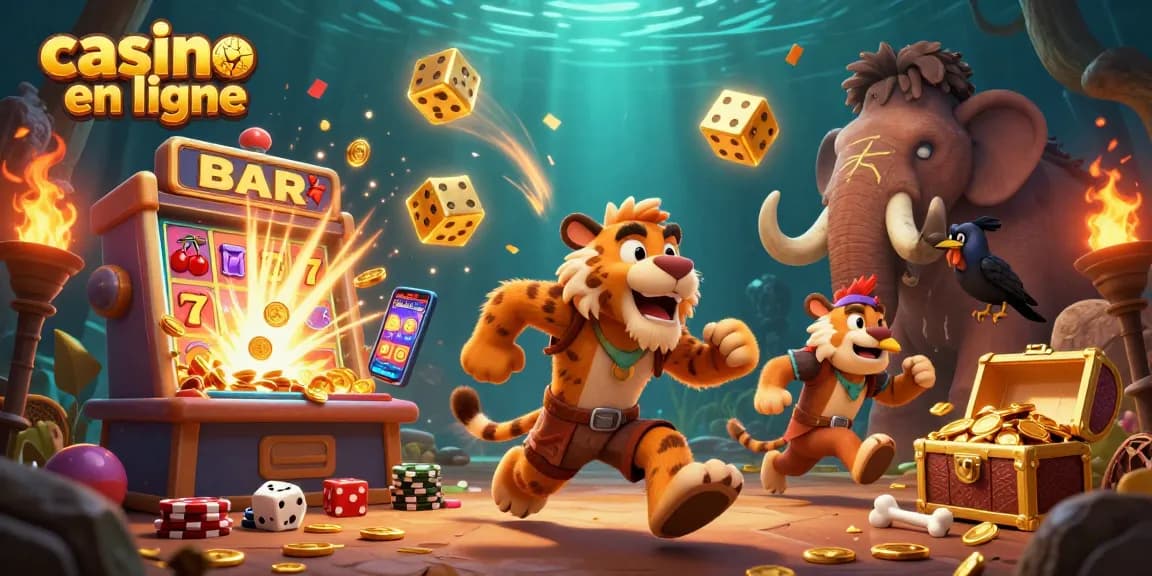 Jouez à casino en ligne, casino rempli de détails avec un tigre à dents de sabre et des éléments de jeu comme des machines à sous.