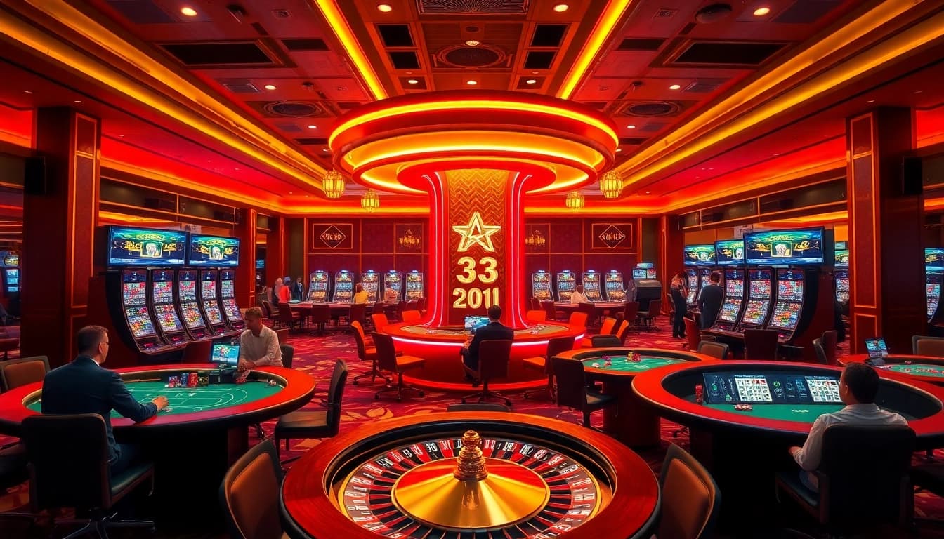 KPI4D gamblers enjoying the vibrant casino environment with poker tables and slot machines.