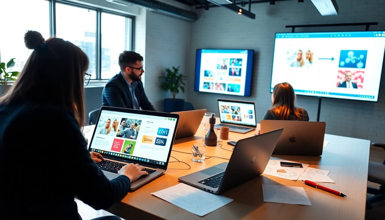 A web design company Essex team collaborating on innovative projects in a vibrant office.