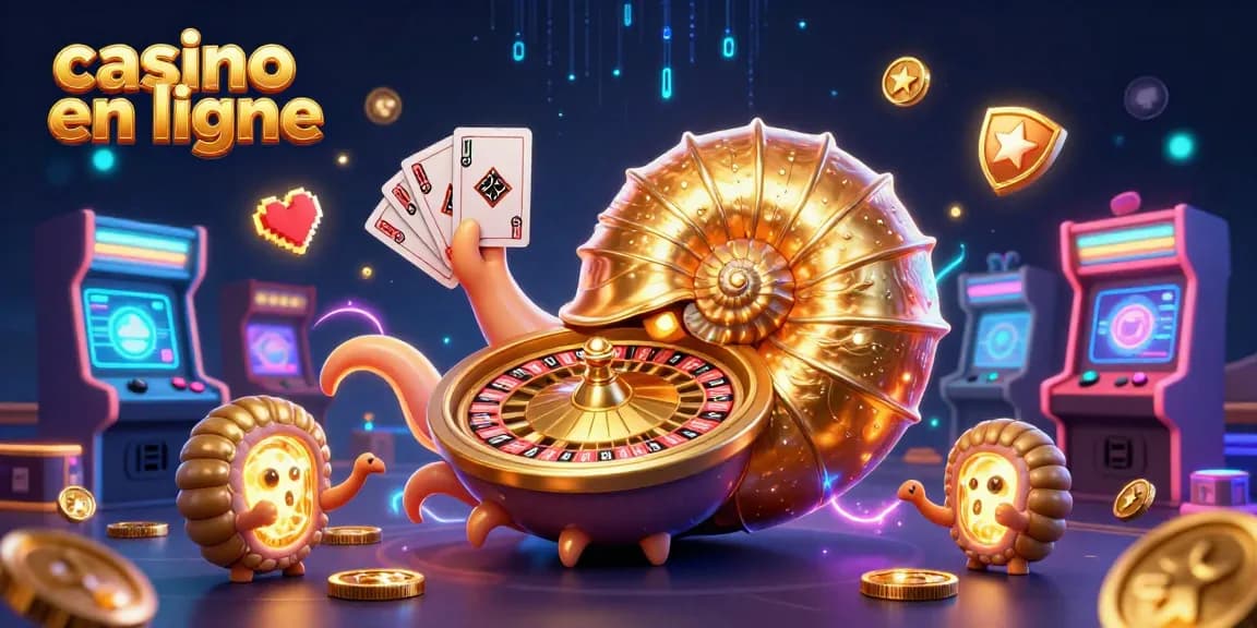 Plongez dans l'univers du casino en ligne avec cette illustration animée montrant un nautile géant et des jeux de casino colorés.