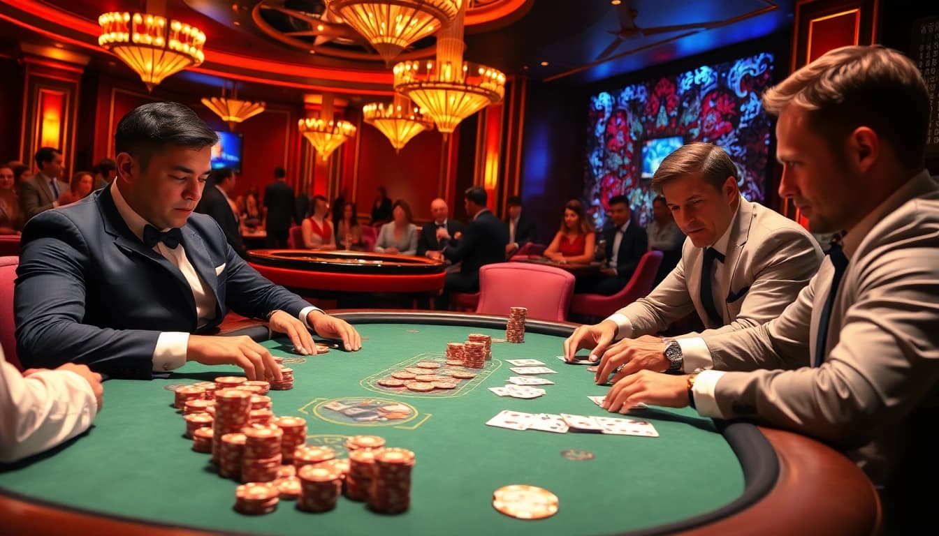 Action-packed poker game showcasing excitement at https://nohu900.gripe/, featuring professional players and vibrant casino elements.