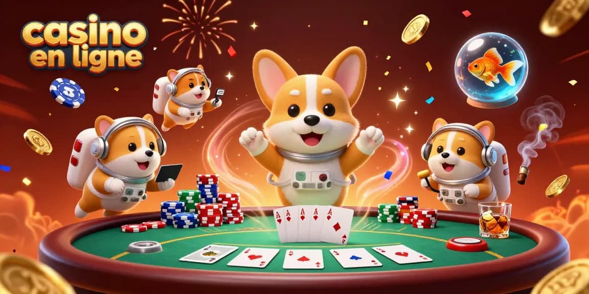 Jouer au casino en ligne avec des éléments animés à thème spatial, comprenant des personnages et des jetons de poker flottants.