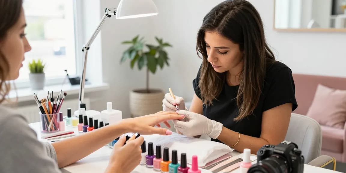 Aplicarea ojei semipermanente profesionale într-un salon de beauty luminos.