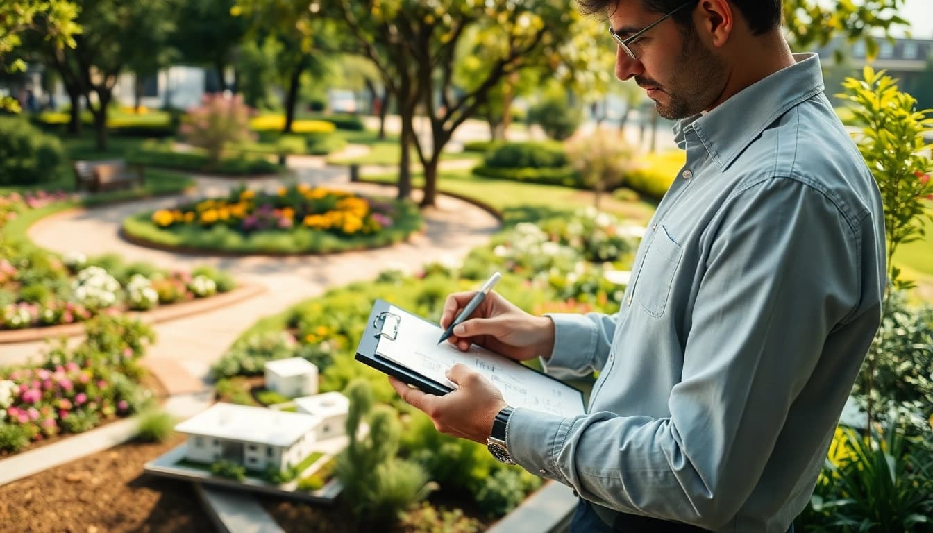 Landscape architect sketching designs in a vibrant outdoor environment.