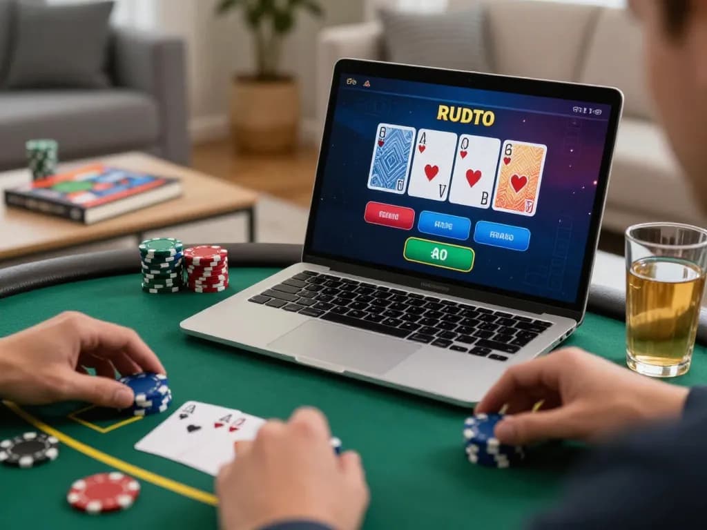 Pemain Bintangmpo yang fokus pada strategi blackjack online di rumah, menampilkan aksi permainan yang imersif.