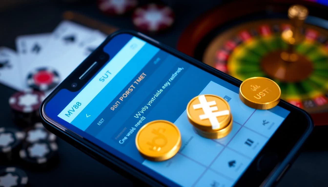 MV88 app interface displayed on a smartphone with USDT cryptocurrency symbols.