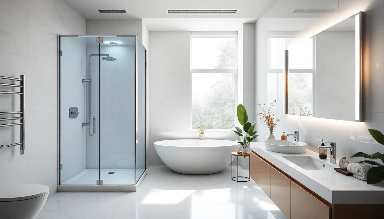 Améliorez votre salle de bain avec un miroir et une cabine de douche modernes sirhona France.