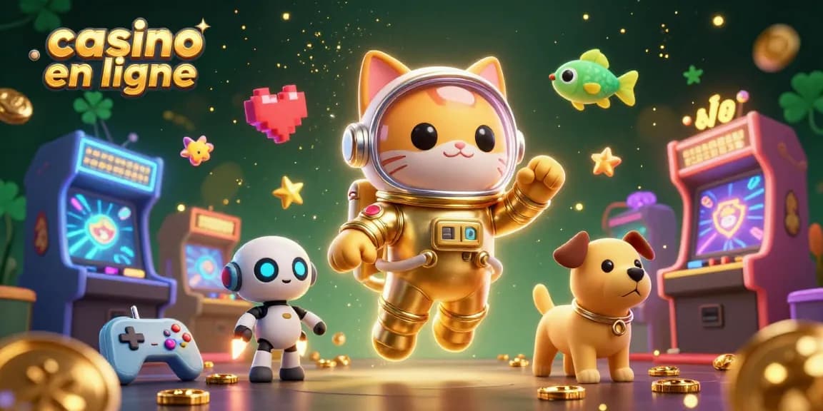 Jouer sur un casino en ligne vibrant avec des éléments de jeux colorés et un chat astronaute.