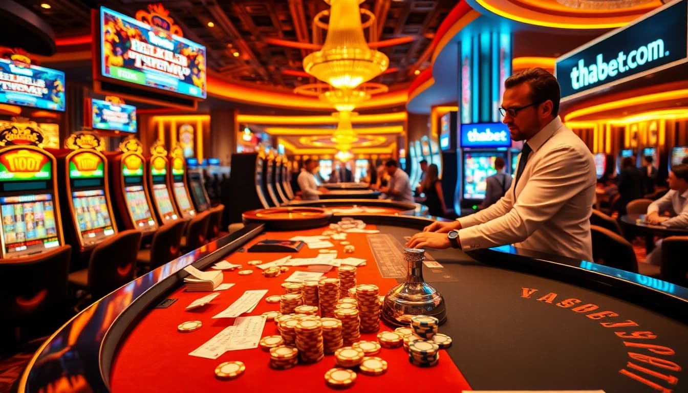 Engaging casino action at thabet com featuring slot machines and roulette tables.