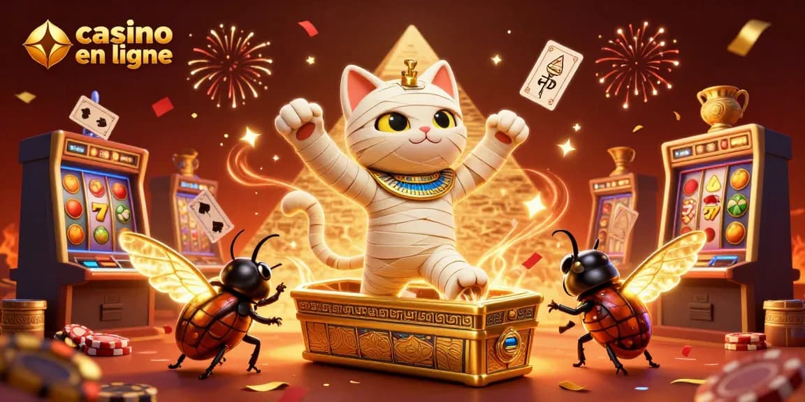 Les joueurs admirent le casino en ligne avec des éléments de jeu animés autour du chat momie égyptien.