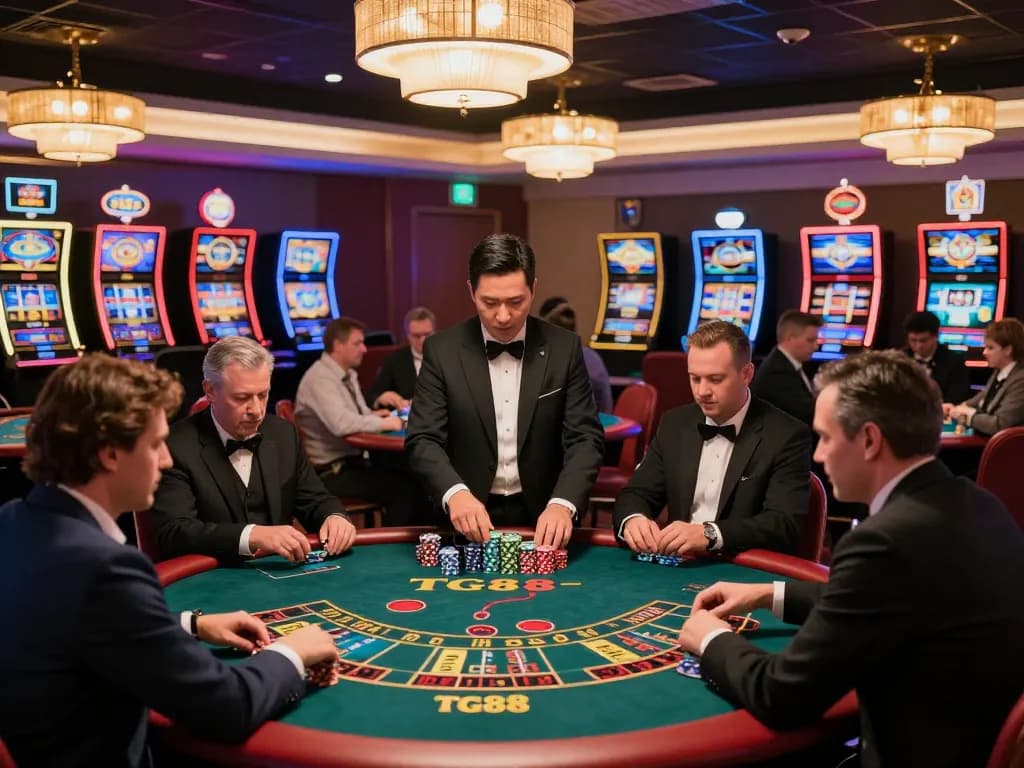 Players enjoying dynamic gaming action at TG88 casino with vibrant roulette and poker tables