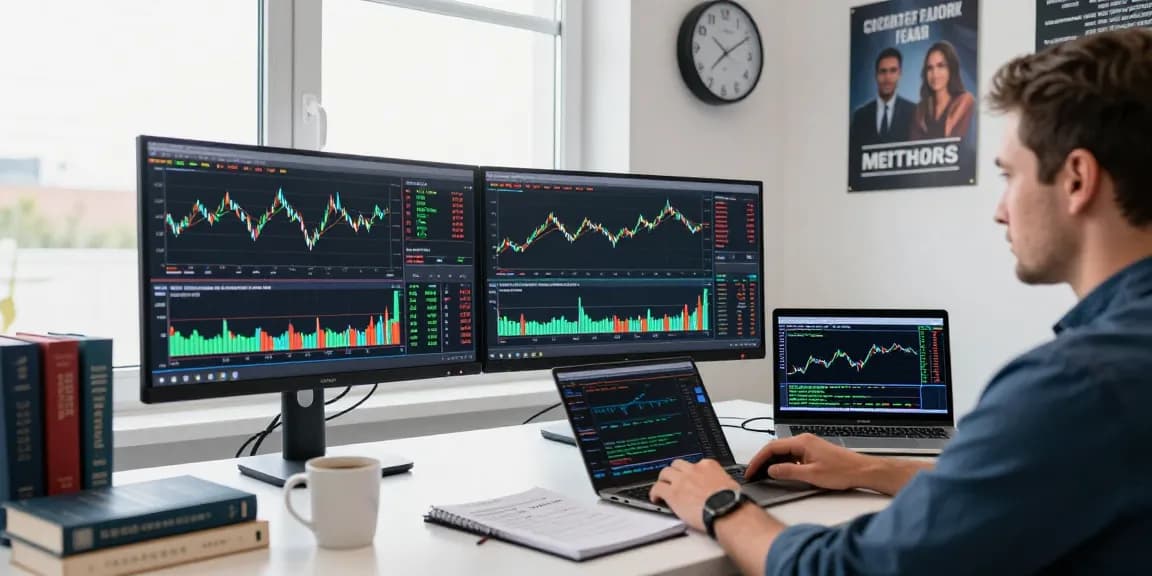 Trader using MetaTrader 4 for forex analysis and automated trading in a professional setup.