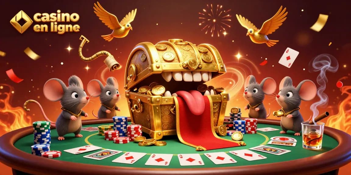 Jouez à casino en ligne avec une illustration attrayante de personnages et d'éléments de jeux de cartes.
