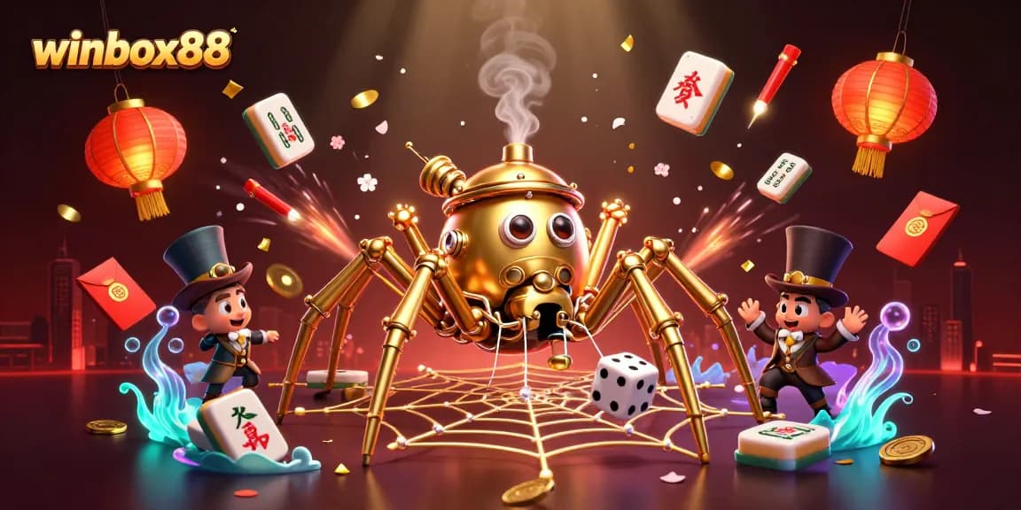 Winbox88 showcases a vibrant 3D casino scene featuring a golden spider and floating game elements.