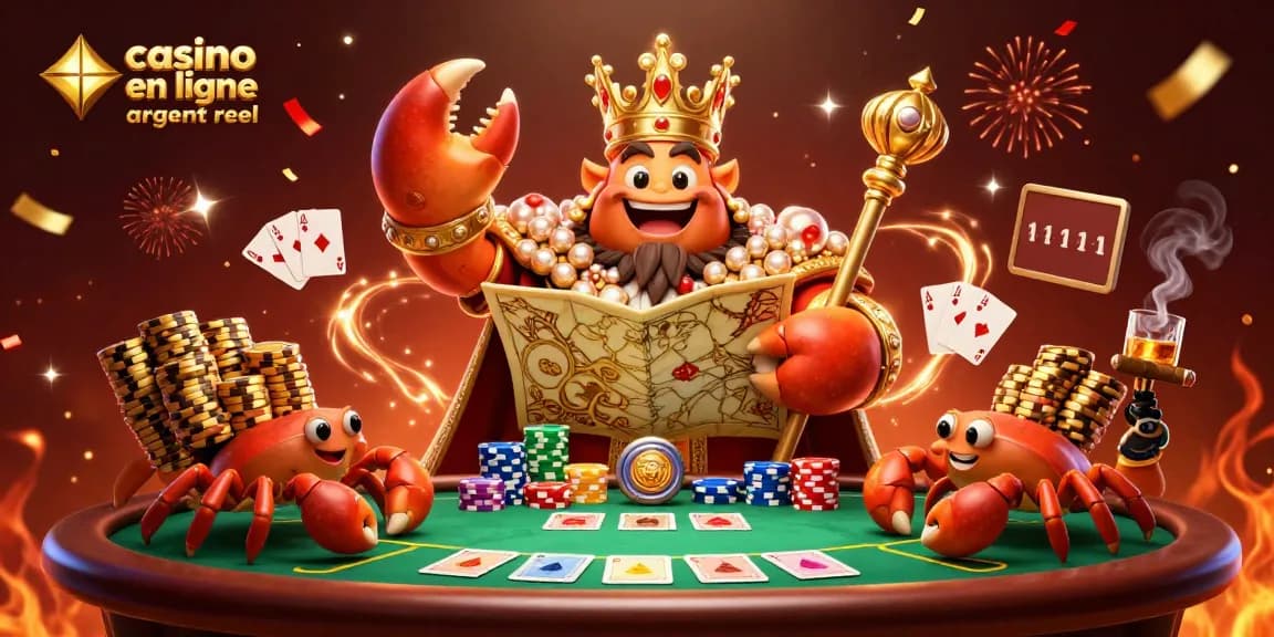 Jouez au casino en ligne argent réel avec ce protagoniste en or, chef des crabes, entouré de jetons et de cartes.