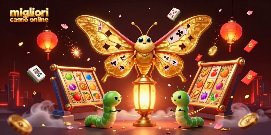 Esplora i migliori casino online con il 3D cartoon atlas moth e simboli di gioco dorati.