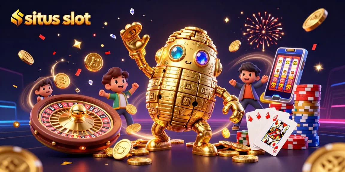 Permainan situs slot menampilkan golem emas berputar dan simbol jackpot menarik.