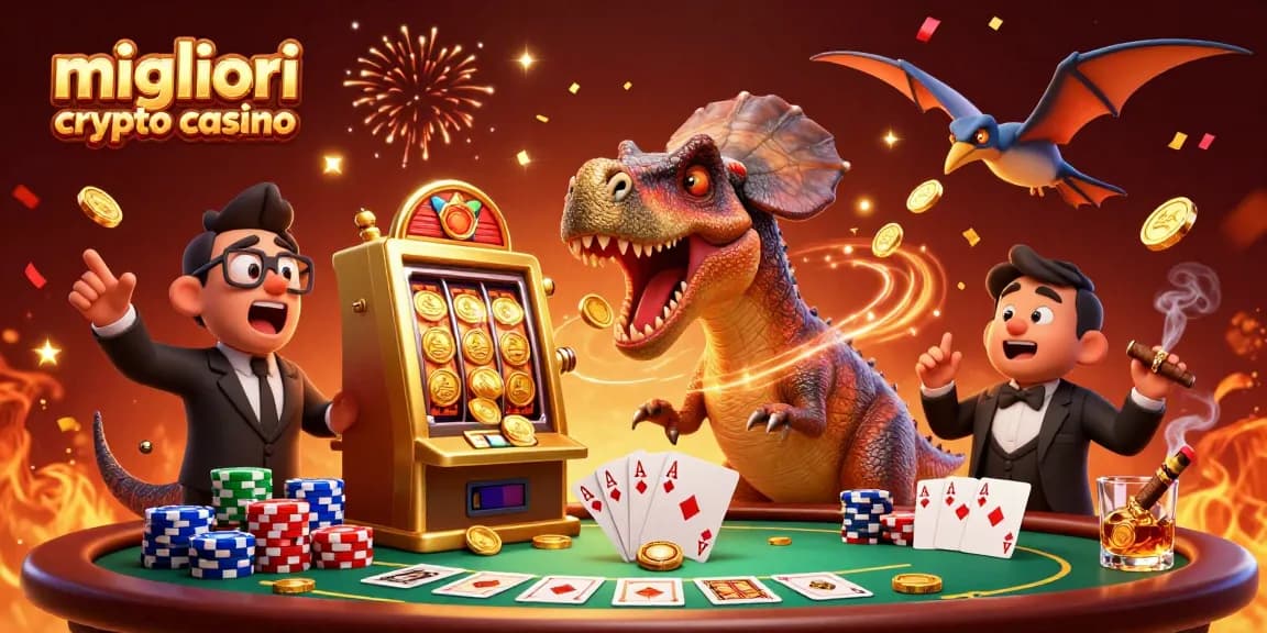I migliori crypto casino animano l'azione con dinosauri e giochi vivaci, creando un'atmosfera entusiasta.