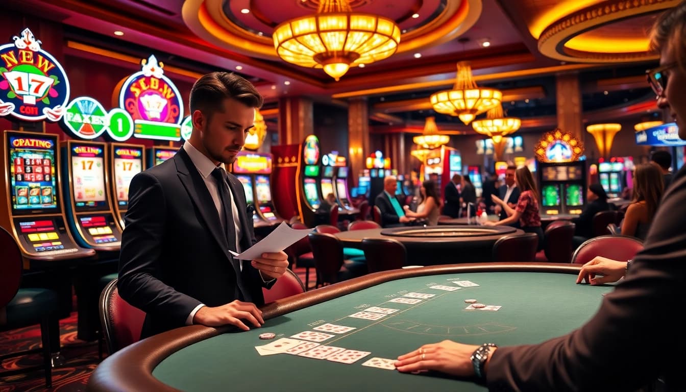 Experience the thrill of new77 slot machines glowing on a vibrant casino floor with engaging gamblers.