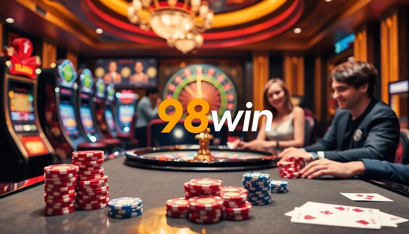 Experience thrilling gameplay at 98win's high-stakes casino tables with vibrant chips and cards.