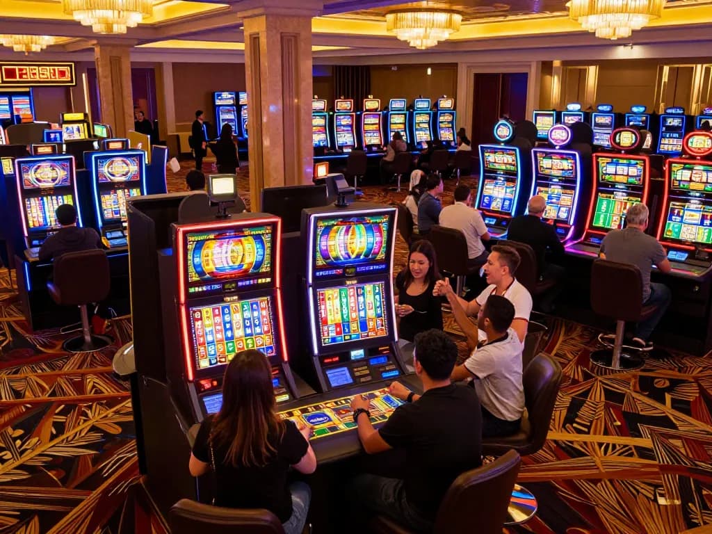Players enjoying exciting gameplay at winstrike69 casino with vibrant slot machines and festive atmosphere