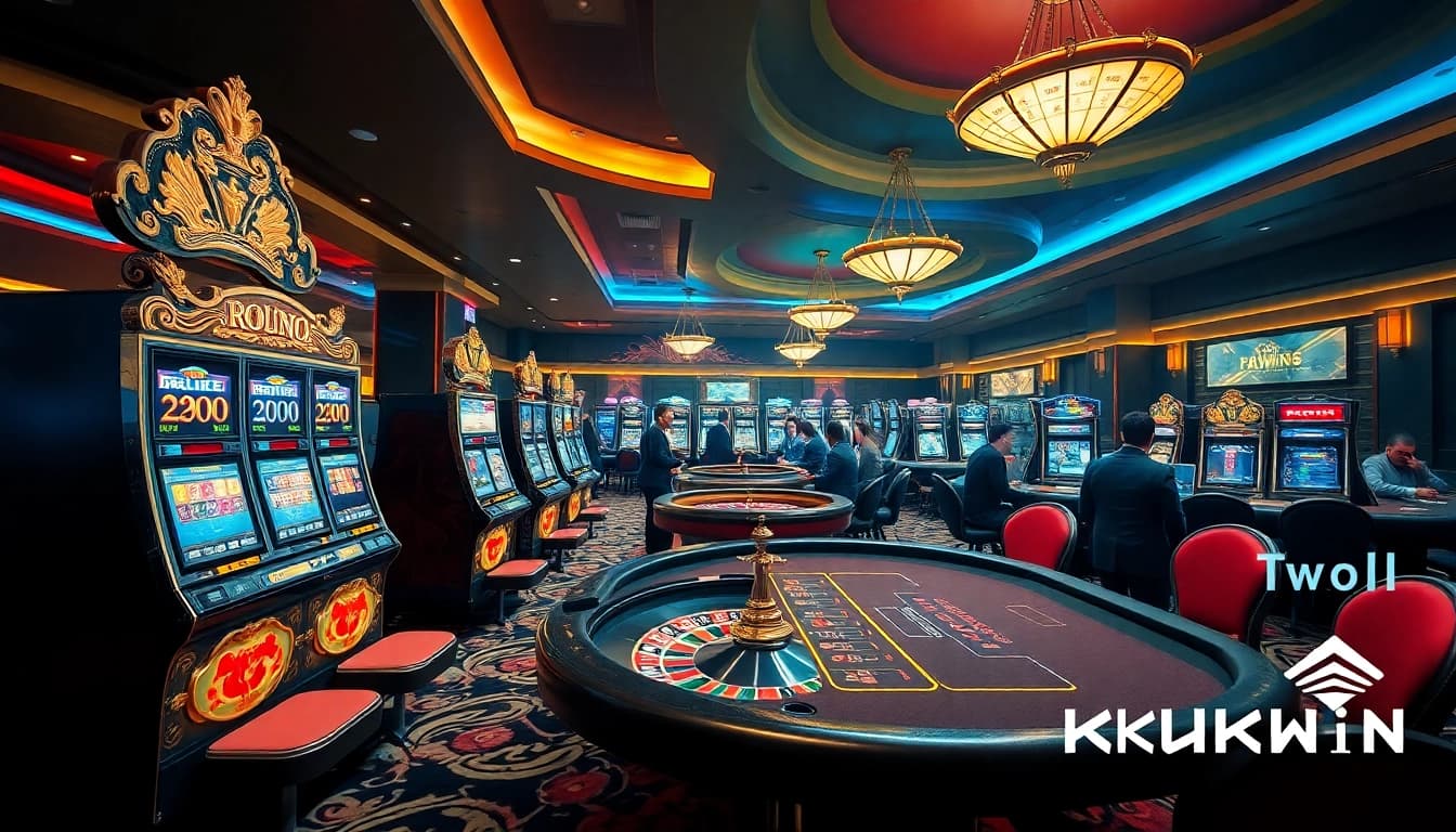 Experience the thrill of gambling with Link Kuwin at a luxurious casino featuring vibrant slot machines.